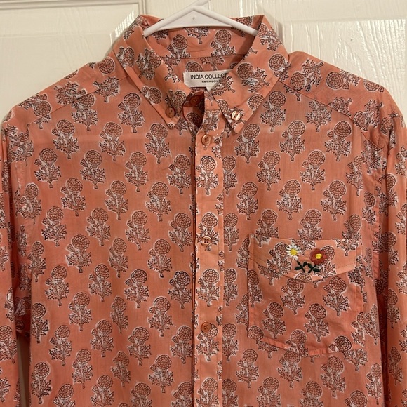 Emerson Fry India Collection Ryan Shirt Block Print Embroidered Flowers Size XS - Picture 7 of 11